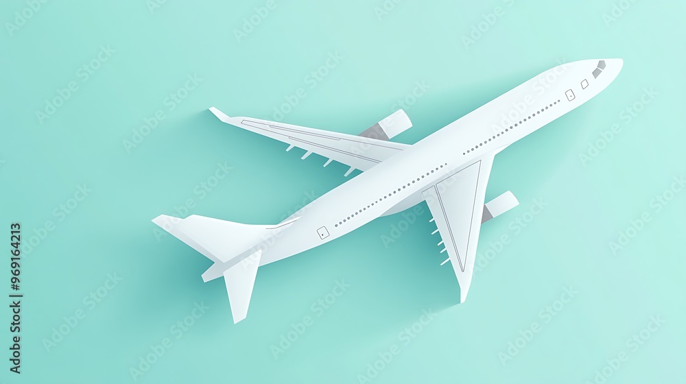 Vector art of a white airplane on a light cyan background with simple and clean lines, leaving room for travel branding. Vector art of a white airplane on a light cyan background with simple and clean lines, leaving room for travel branding.