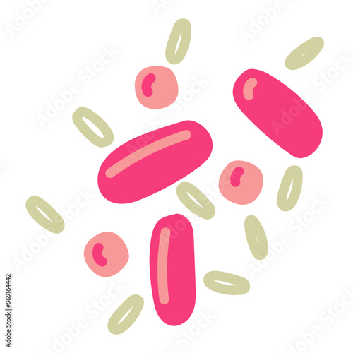 Flat vector illustration with pink and yellow microbes, viruses, bacteria isolated on a white background. The virus is depicted in an illustration style with oval bodies in a group. Spot and line