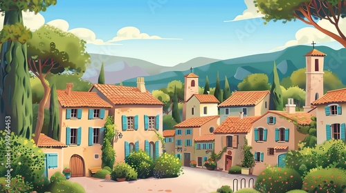 Cartoon illustration of a European village in the countryside with mountains in the distance.