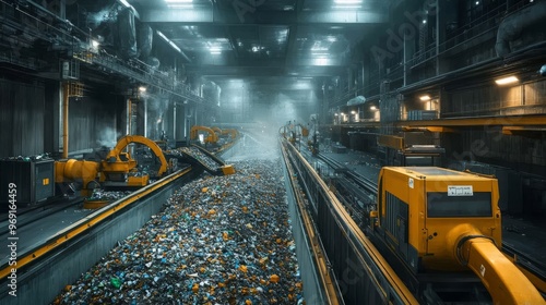 Futuristic robotics managing urban recycling systems: Robots processing and sorting waste in a futuristic recycling plant.