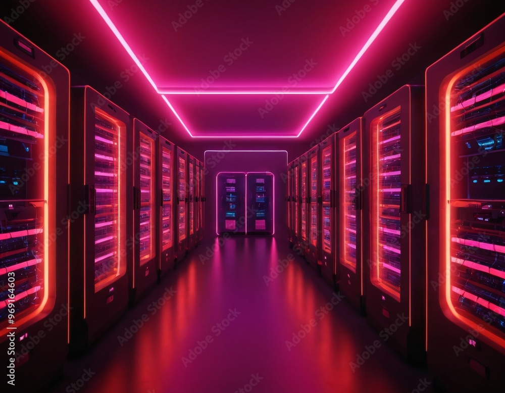 Futuristic server room with glowing neon lights. 3D rendering. Ai generated images Futuristic server room with glowing neon lights. 3D rendering. Ai generated images