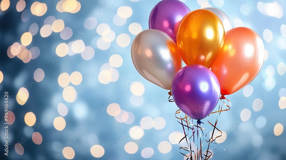 A group of colorful balloons drifting skyward with a hazy light source in the distance A group of colorful balloons drifting skyward with a hazy light source in the distance