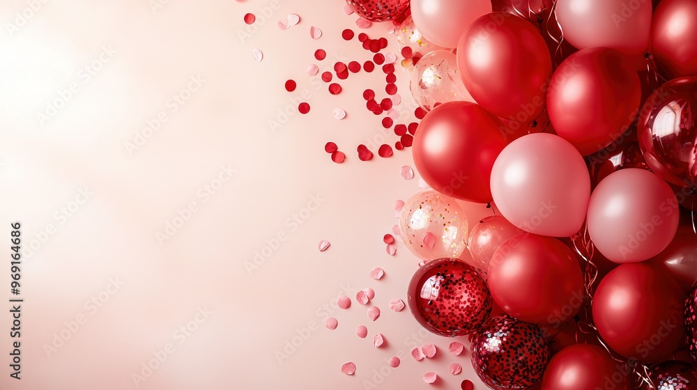 A sea of red and white balloons against a stark white canvas, punctuated by bursts of pink confetti A sea of red and white balloons against a stark white canvas, punctuated by bursts of pink confetti