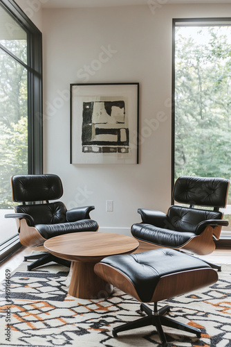 It's a living room with large windows on a white wall. It's a midcentury modern interior of a living room with an armchair and table that's finished in black leather.
