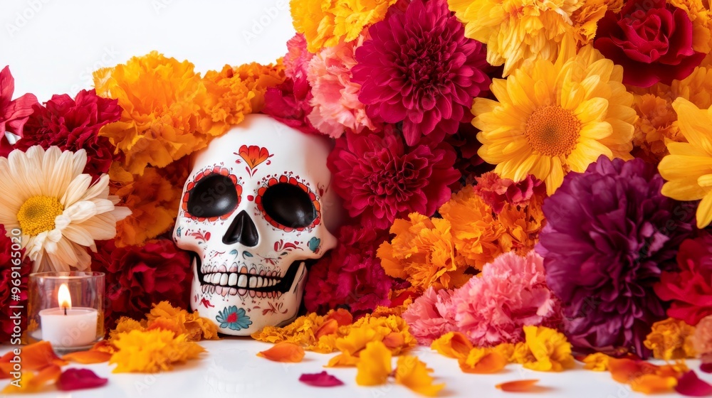 Vibrant Day of the Dead celebration with a decorated skull, candles, and colorful flowers, symbolizing Mexican tradition and culture. Vibrant Day of the Dead celebration with a decorated skull, candles, and colorful flowers, symbolizing Mexican tradition and culture.