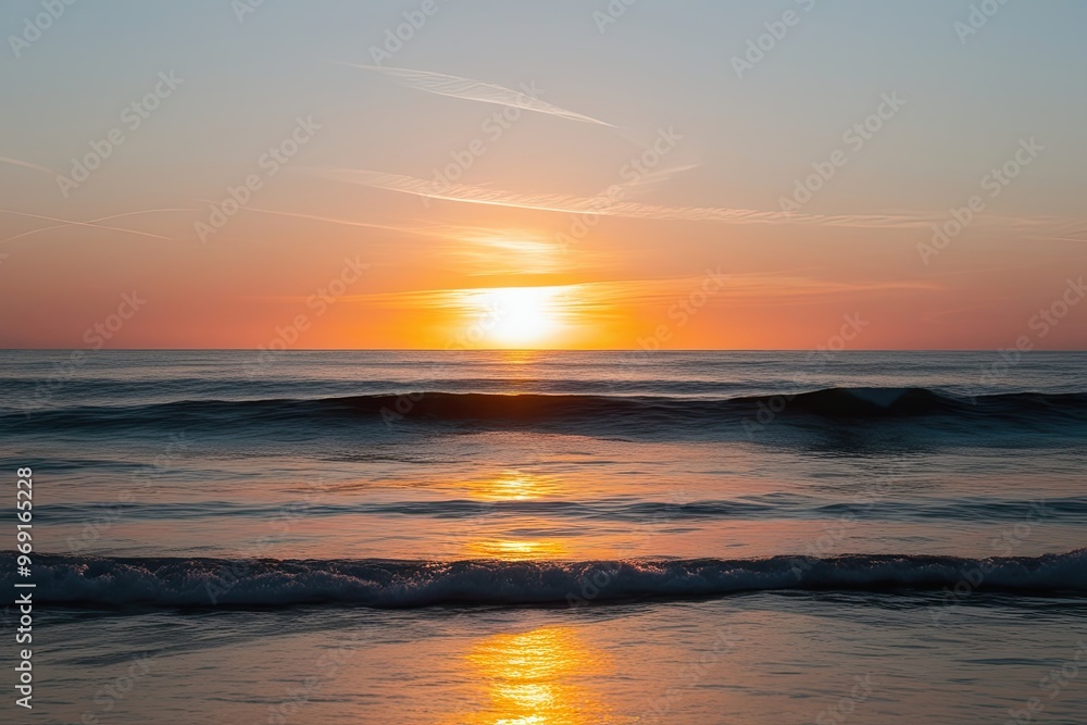 Stunning Sunset Over the Ocean with Wave Gradient Effect on White Background Stunning Sunset Over the Ocean with Wave Gradient Effect on White Background