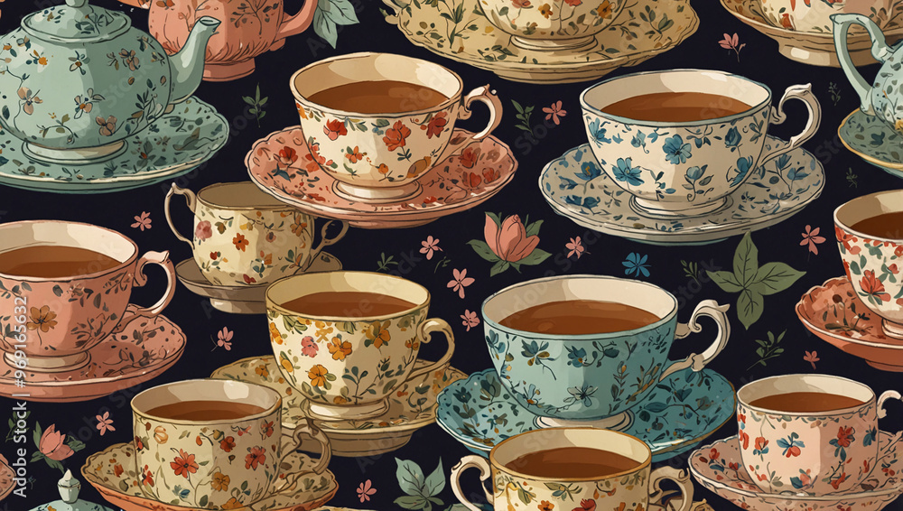 Fototapeta premium Poster with a cute, repeating pattern of tiny, stylized teacups