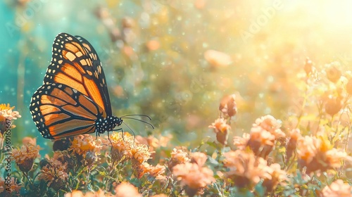  A close-up of a butterfly on a flower with sunlight filtering through the surrounding foliage