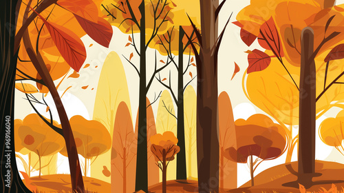 Vibrant autumn forest scene featuring orange and yellow leaves, tall trees, and falling foliage in a stylized illustration.