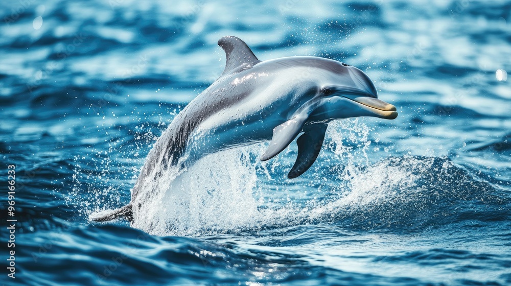 Fototapeta premium A playful dolphin leaping out of the ocean, splashing water around, showcasing its agility and the joy of marine life