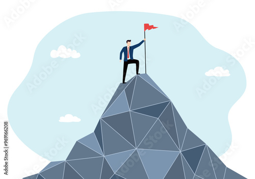 A new milestone reached. Success businessman is standing on the top of a mountain and holds a red flag. Concept design for goal achievement and target achieved.