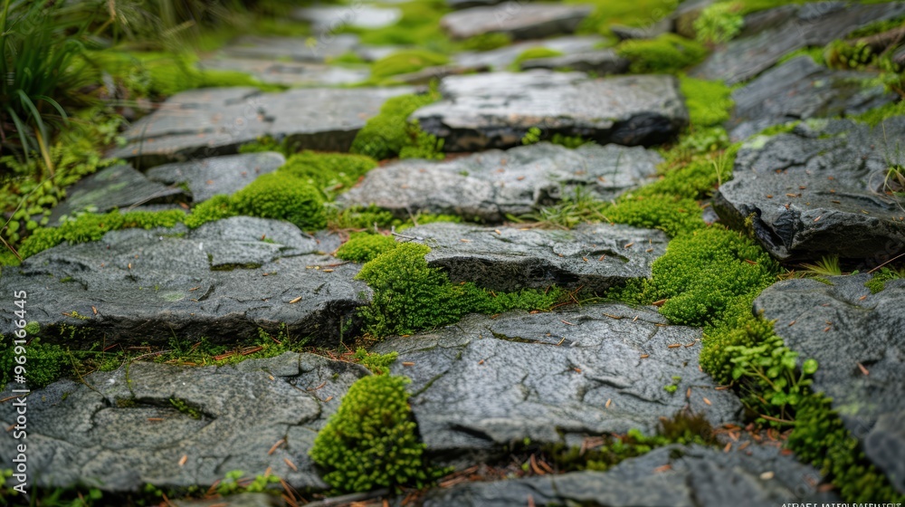 Mosscovered stone path in lush garden setting with natural greenery Mosscovered stone path in lush garden setting with natural greenery
