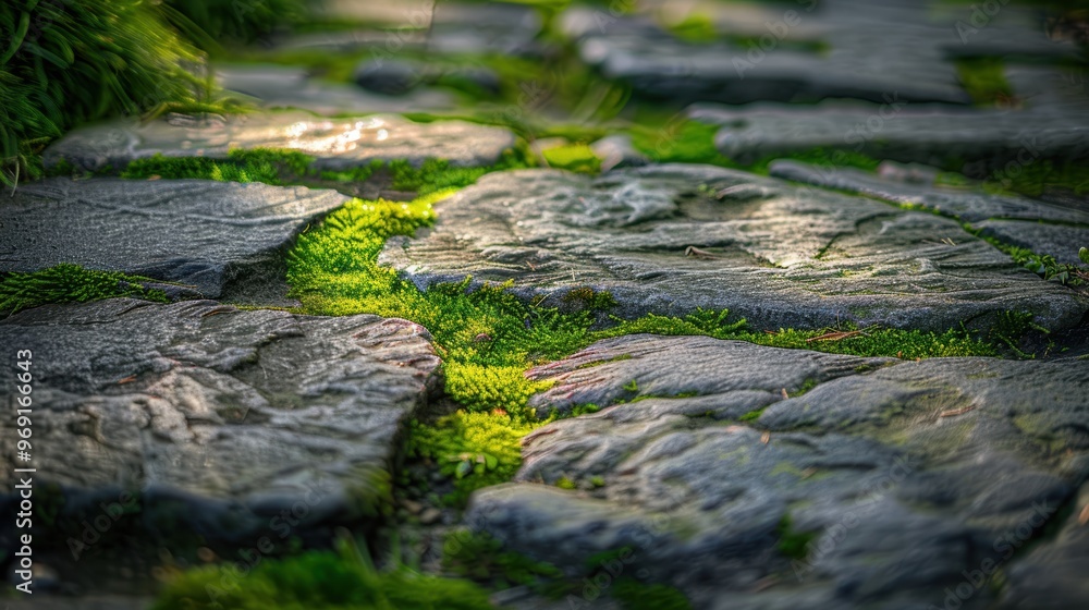 Fototapeta premium Stone path with green moss tranquil natural garden scenery, featuring mosscovered stones and sunlight