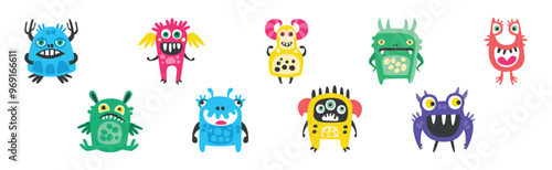 Funny Smiling Toothy Monster Character with Smiling Face Vector Set