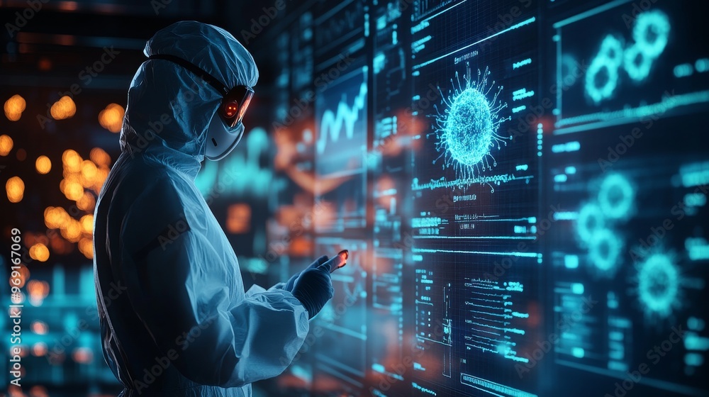 Futuristic AI-controlled public health monitors tracking real-time disease spread: Public health systems using AI to predict and monitor the spread of infectious diseases. Futuristic AI-controlled public health monitors tracking real-time disease spread: Public health systems using AI to predict and monitor the spread of infectious diseases.