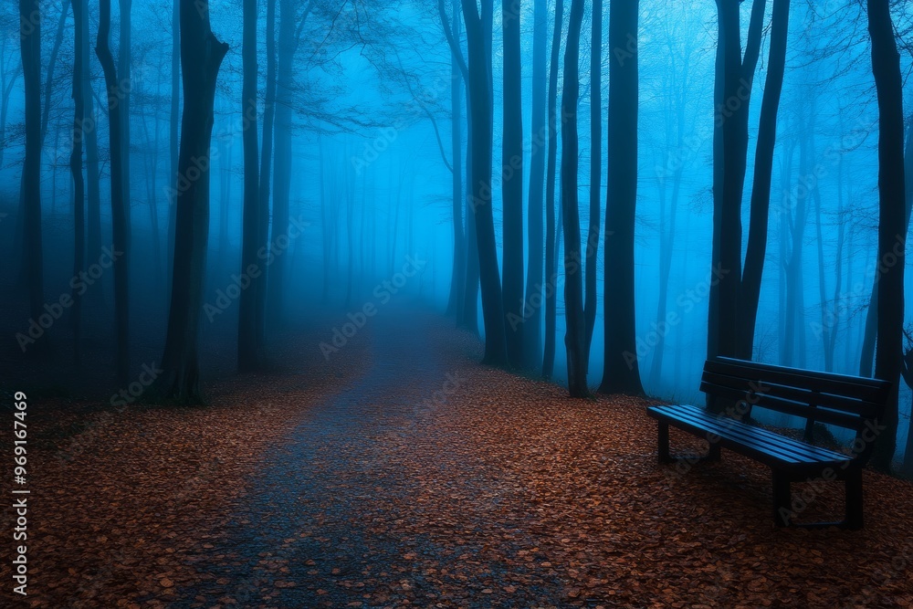 Naklejka premium A lush pathway winds its way into a mystifying nebel wood. Trees and streams are very kahl.