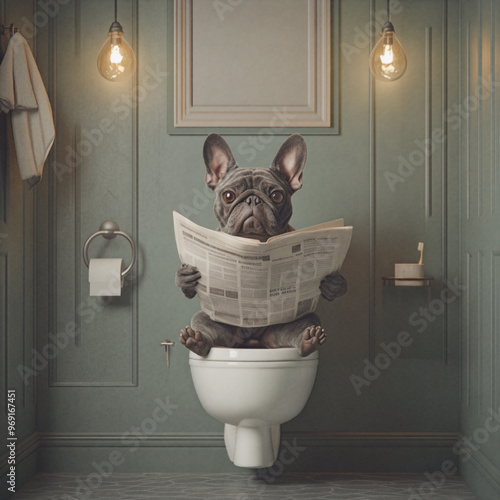 funny french bulldog reading the newspaper on stylish bathroom. poster/design/banner