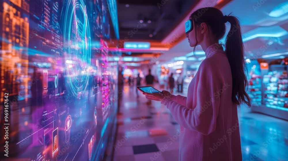 Futuristic shopping malls with augmented reality: Shoppers interacting with AR displays and virtual stores. Futuristic shopping malls with augmented reality: Shoppers interacting with AR displays and virtual stores.