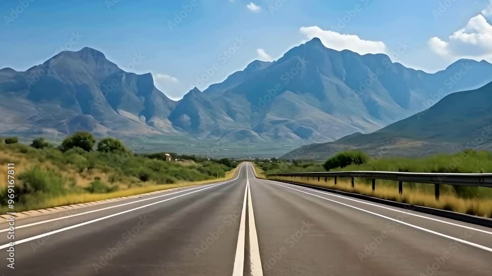 Perspective view of a highway with a dividing line going into the distance against the background of mountains Perspective view of a highway with a dividing line going into the distance against the background of mountains