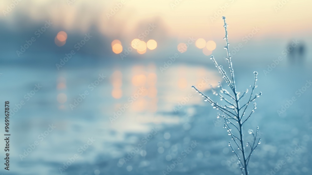 Fototapeta premium Winter branch with iced dew drops at sunset near frozen river, blue winter wonderland landscape