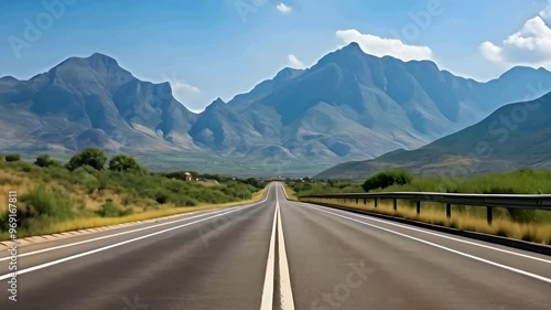 Perspective view of a highway with a dividing line going into the distance against the background of mountains