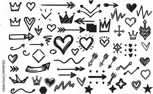 Line shape marker underline, arrow, heart brush element set. Hand drawn sketch marker underline shape, arrow, heart scribble brush pen stroke element. Crown, love graphic icon. Vector illustration