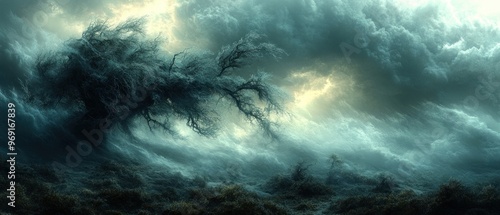 A Twisted Tree in a Swirling Foggy Landscape