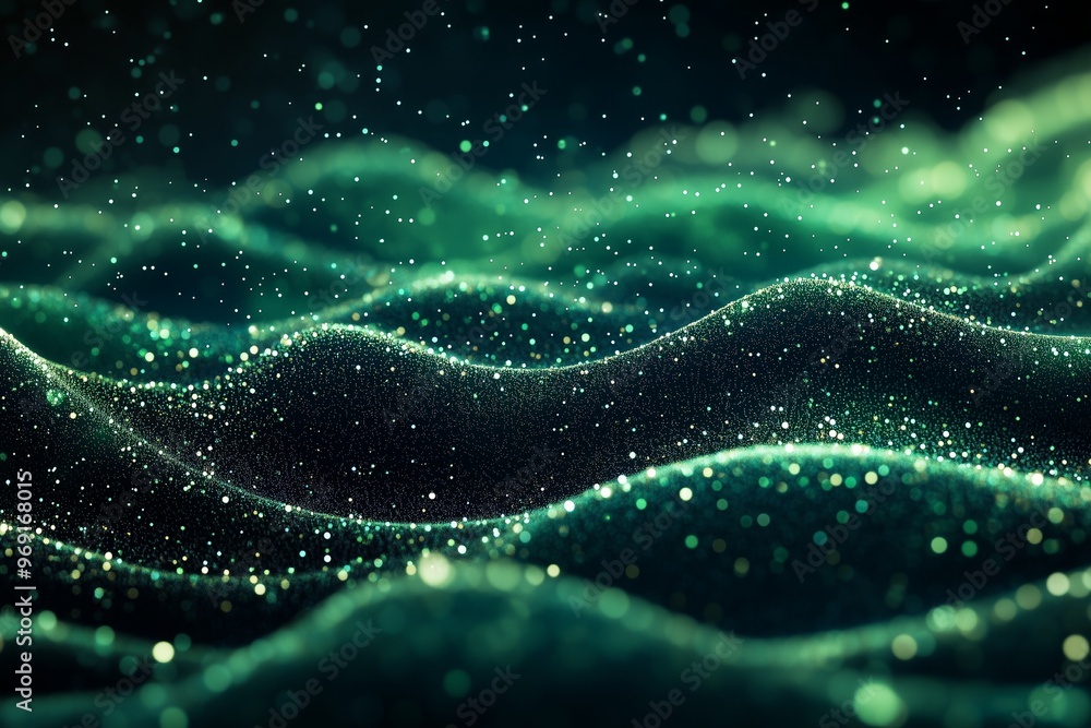 Green and blue with diamond glitters particles as sound wave abstract background Green and blue with diamond glitters particles as sound wave abstract background