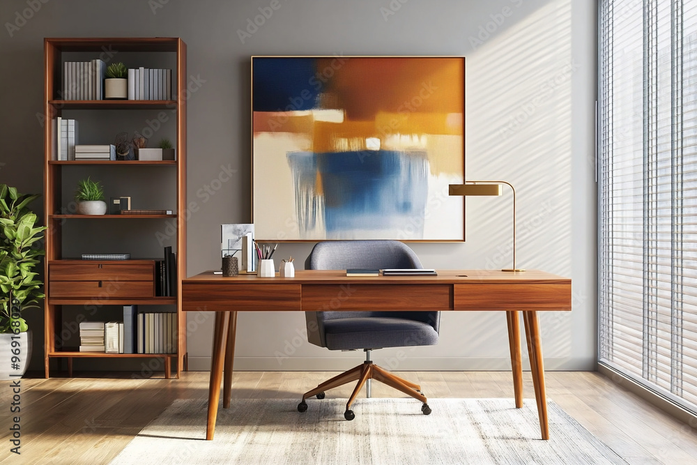 Fototapeta premium Mid century Interior Home Office with white walls and art flares and wooden desks and chairs. Generative AI 