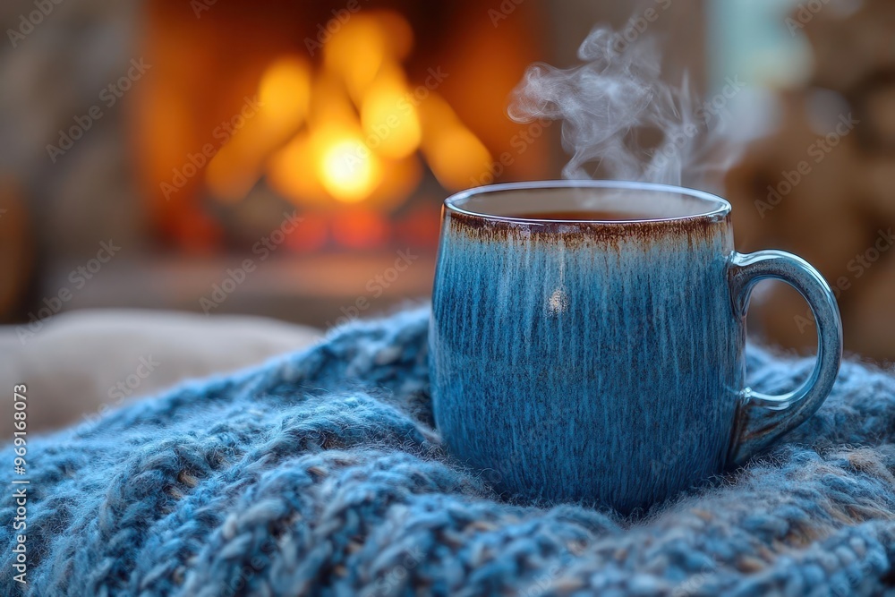 cozy winter scene steaming mug of tea on chair with woolen blanket warm fireplace glow in background rich inviting textures embodies comfort and relaxation on a cold day cozy winter scene steaming mug of tea on chair with woolen blanket warm fireplace glow in background rich inviting textures embodies comfort and relaxation on a cold day