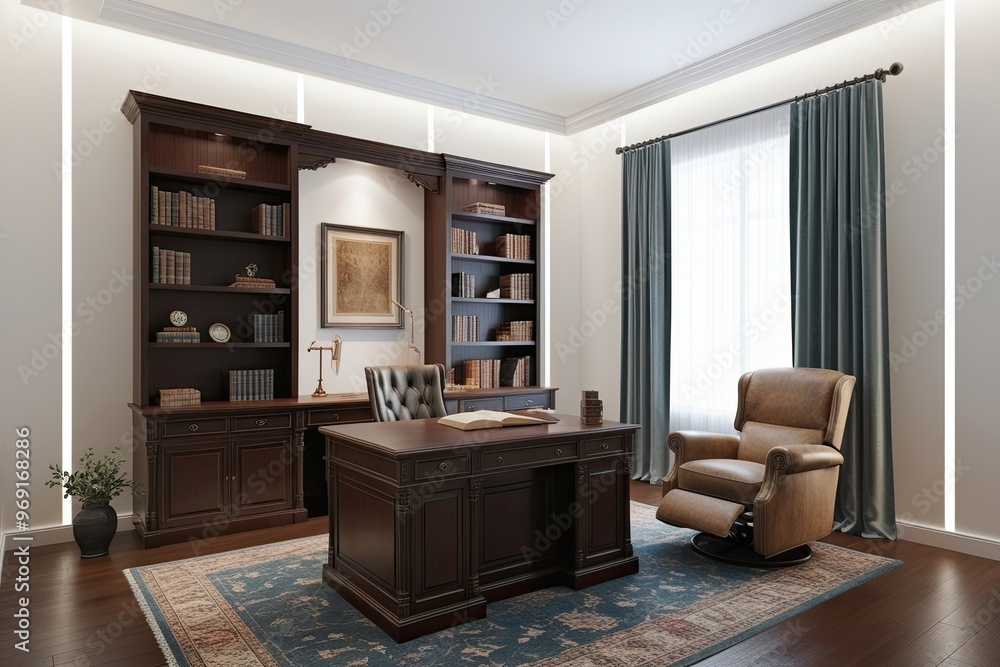 3D Visualization of Academic Study Space Featuring Classic Desk Vintage Armchair and Gentle Lighting on Bright White Backdrop