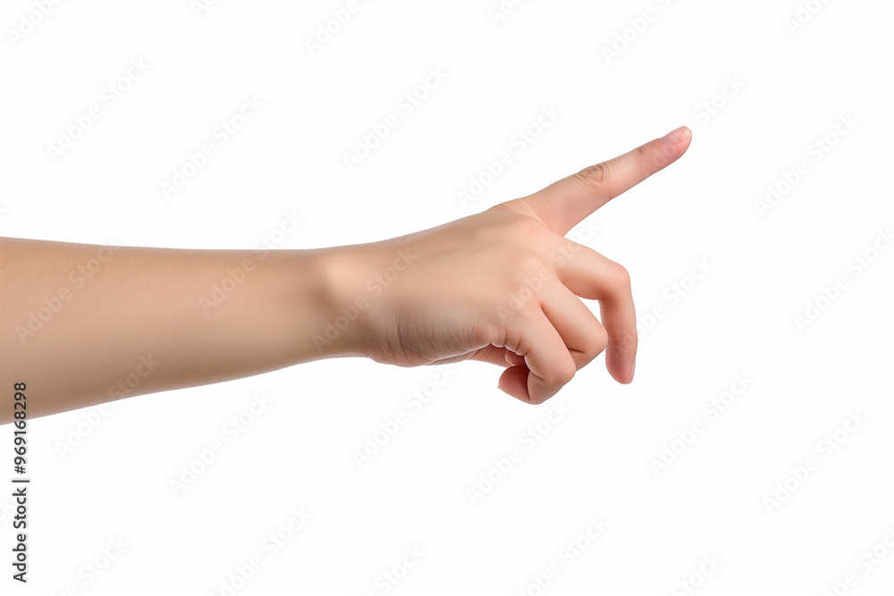 Close-up of a hand pointing, isolated on a white background with a clipping path, A finger touching a screen or reality touch display for an interaction concept Close-up of a hand pointing, isolated on a white background with a clipping path, A finger touching a screen or reality touch display for an interaction concept