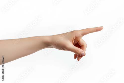 Close-up of a hand pointing, isolated on a white background with a clipping path, A finger touching a screen or reality touch display for an interaction concept