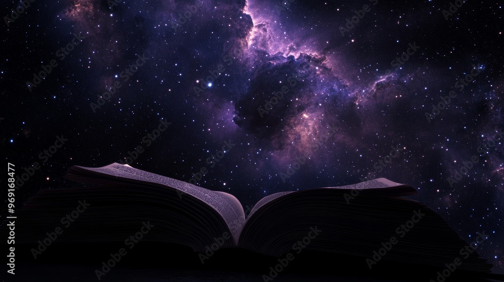 Naklejka premium Open old book with a magical galaxy sky full of stars merging with a horoscope and literature