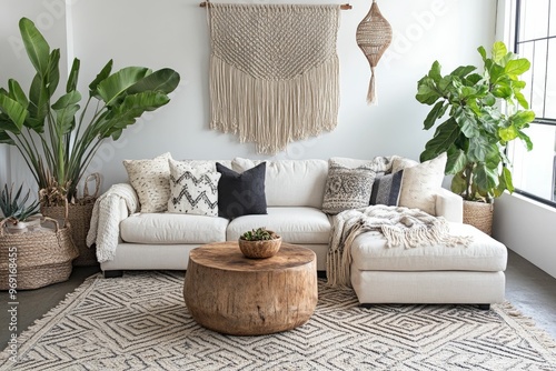 Cozy living room with a modern design featuring plants and natural textures.