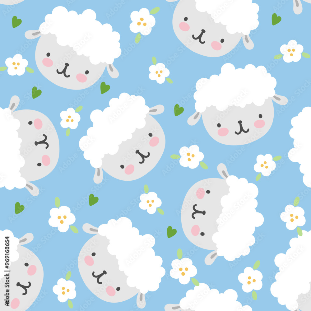 Cute hand drawn sheep on a blue pastel background with ahite flowers and green kawaii hearts
Cute hand drawn sheep on a blue pastel background with ahite flowers and green kawaii hearts