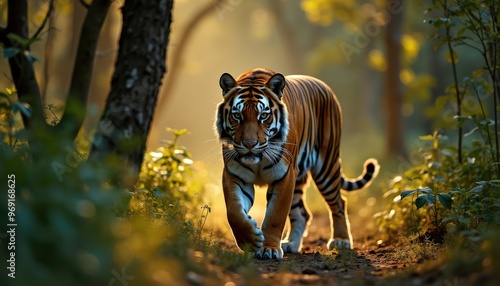 Le tigre arpente lentement un chemin ombragé au cœur de la forêt luxuriante, ses muscles tendus, à l'affût d'une proie dans l'épaisse végétation. photo