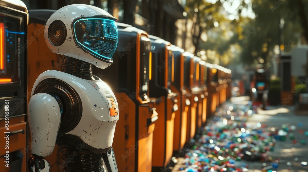 Futuristic AI-controlled recycling robots sorting materials in public ...
