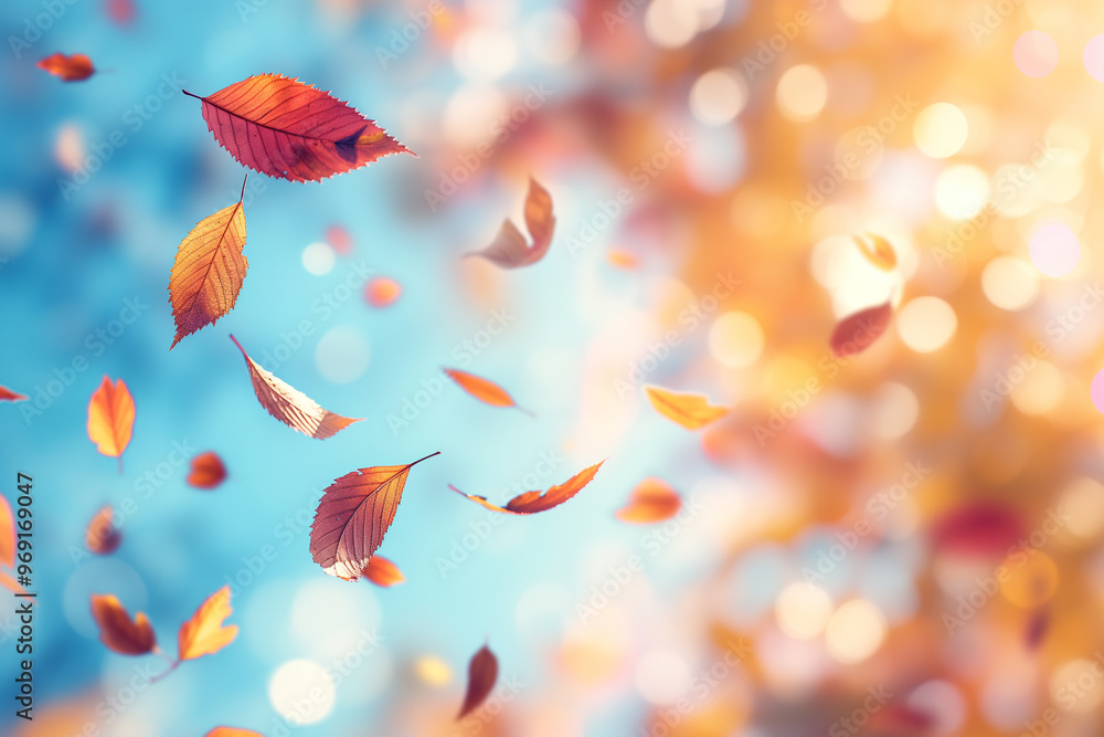 Autumn background with blurred autumn leaves and sun rays on a blue sky Autumn background with blurred autumn leaves and sun rays on a blue sky
