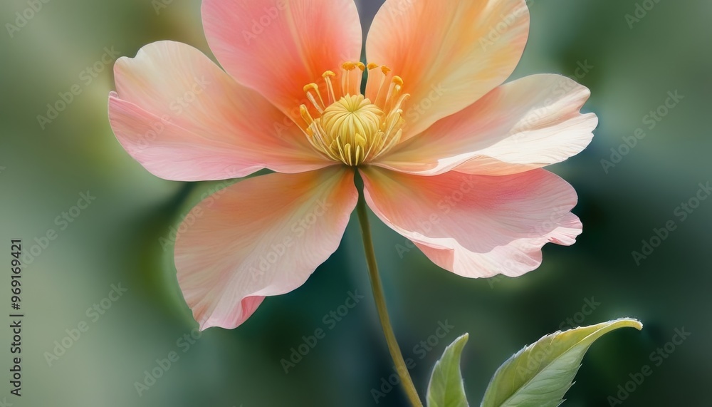A stunning peach-colored flower in full bloom, captured in soft focus against a blurred green background. The delicate petals and vibrant center create a serene and elegant image, perfect for nature A stunning peach-colored flower in full bloom, captured in soft focus against a blurred green background. The delicate petals and vibrant center create a serene and elegant image, perfect for nature