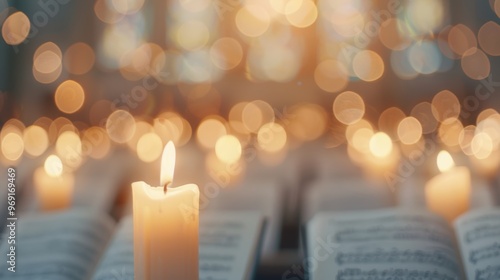 Warm candle light illuminating hymn books in church during evening service photo