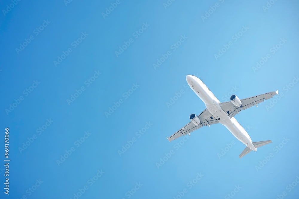 Airplane flying in the sky - travel background with flying airplane with blank livery with generative ai Airplane flying in the sky - travel background with flying airplane with blank livery with generative ai