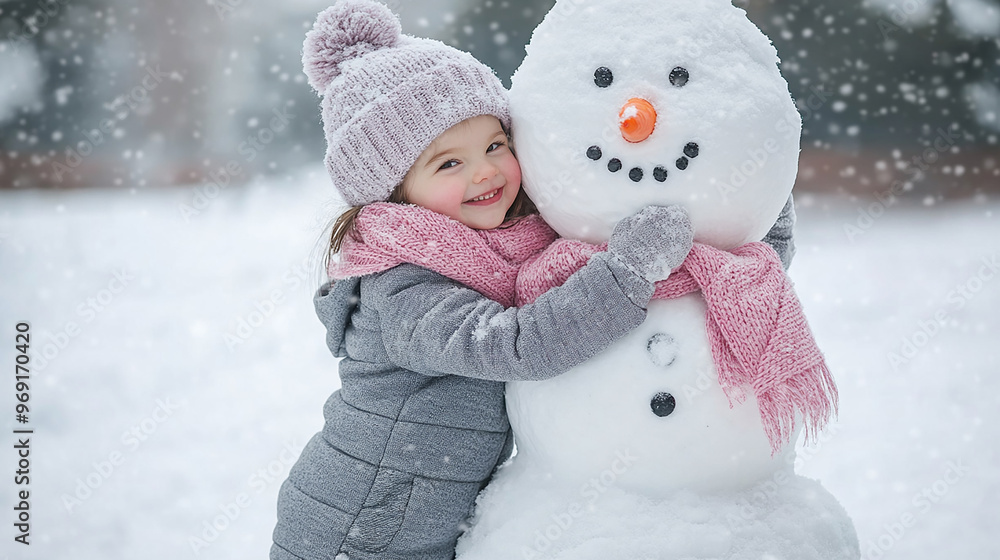 A little girl wearing a pink scarf and hat is playing with a snowman in a white world. She hugs the big snowman's head A little girl wearing a pink scarf and hat is playing with a snowman in a white world. She hugs the big snowman's head