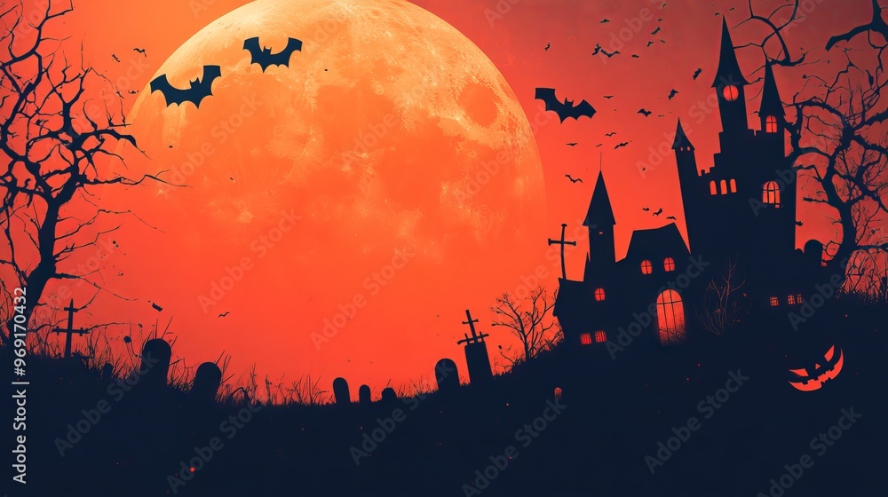Spooky halloween scene featuring jack-o'-lantern pumpkins, bats, a haunting cemetery, and a dark castle under a large orange full moon, perfect for festive flyers, posters, or banners Spooky halloween scene featuring jack-o'-lantern pumpkins, bats, a haunting cemetery, and a dark castle under a large orange full moon, perfect for festive flyers, posters, or banners