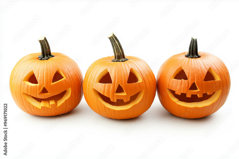 3 pumpkins with carved faces isolated on a white background, studio shot, halloween concept 3 pumpkins with carved faces isolated on a white background, studio shot, halloween concept