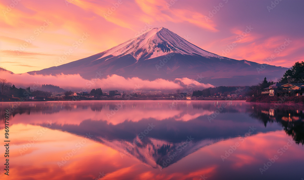 Photograph of Mount Fuji with its reflection in the lake at sunset, Japan. The mountain is covered in snow and surrounded by houses Photograph of Mount Fuji with its reflection in the lake at sunset, Japan. The mountain is covered in snow and surrounded by houses