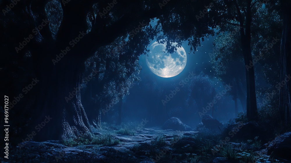 Mystical dark forest at night with a full moon illuminating the trees and creating an enigmatic atmosphere Mystical dark forest at night with a full moon illuminating the trees and creating an enigmatic atmosphere