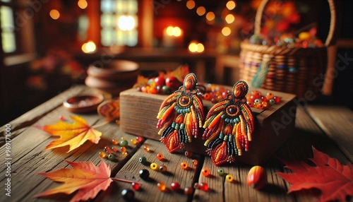  a pair of intricately beaded earrings with a feather design, placed on a wooden surface surrounded by autumnal decorations including leaves, berries, and softly glowing candles in the background, cre