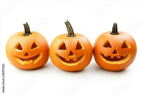 3 pumpkins with carved faces isolated on a white background, studio shot, halloween concept