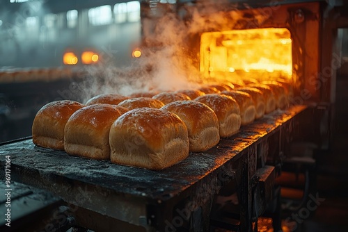 Freshly Baked Loaves of Bread Emerging from an Oven